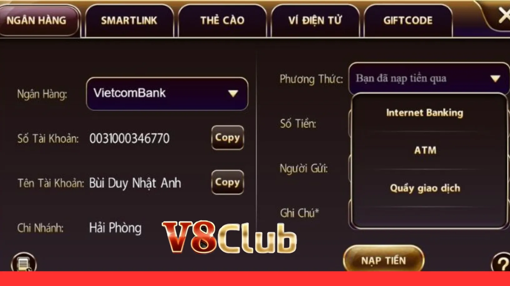 Các phương thức hiện đang có khi nạp tiền vào tài khoản tại V8club